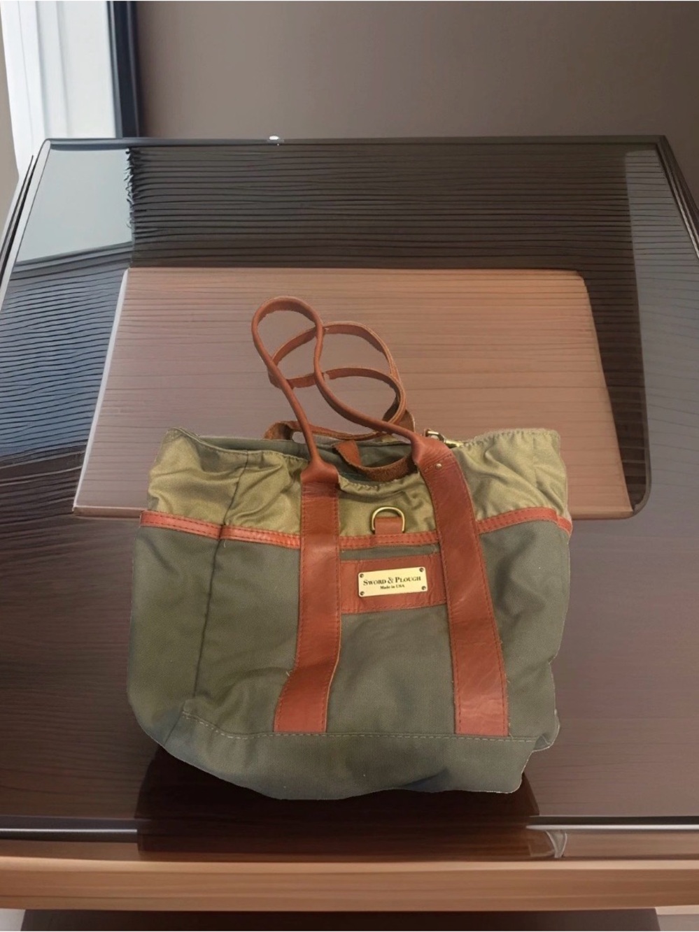 Sword & Plough Olive Green Canvas Duffel Tote with Brown Leather Trim